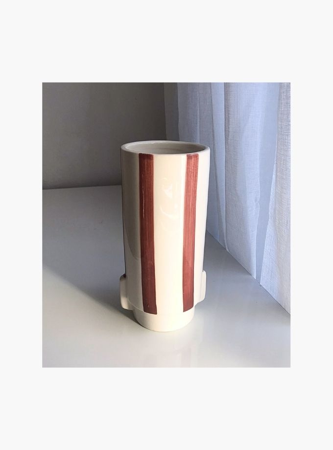 Terracotta striped ceramic vase cream
